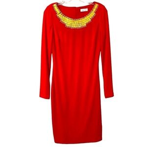 Calvin Klein Bodycon Red Gold Long Sleeve Party Dress